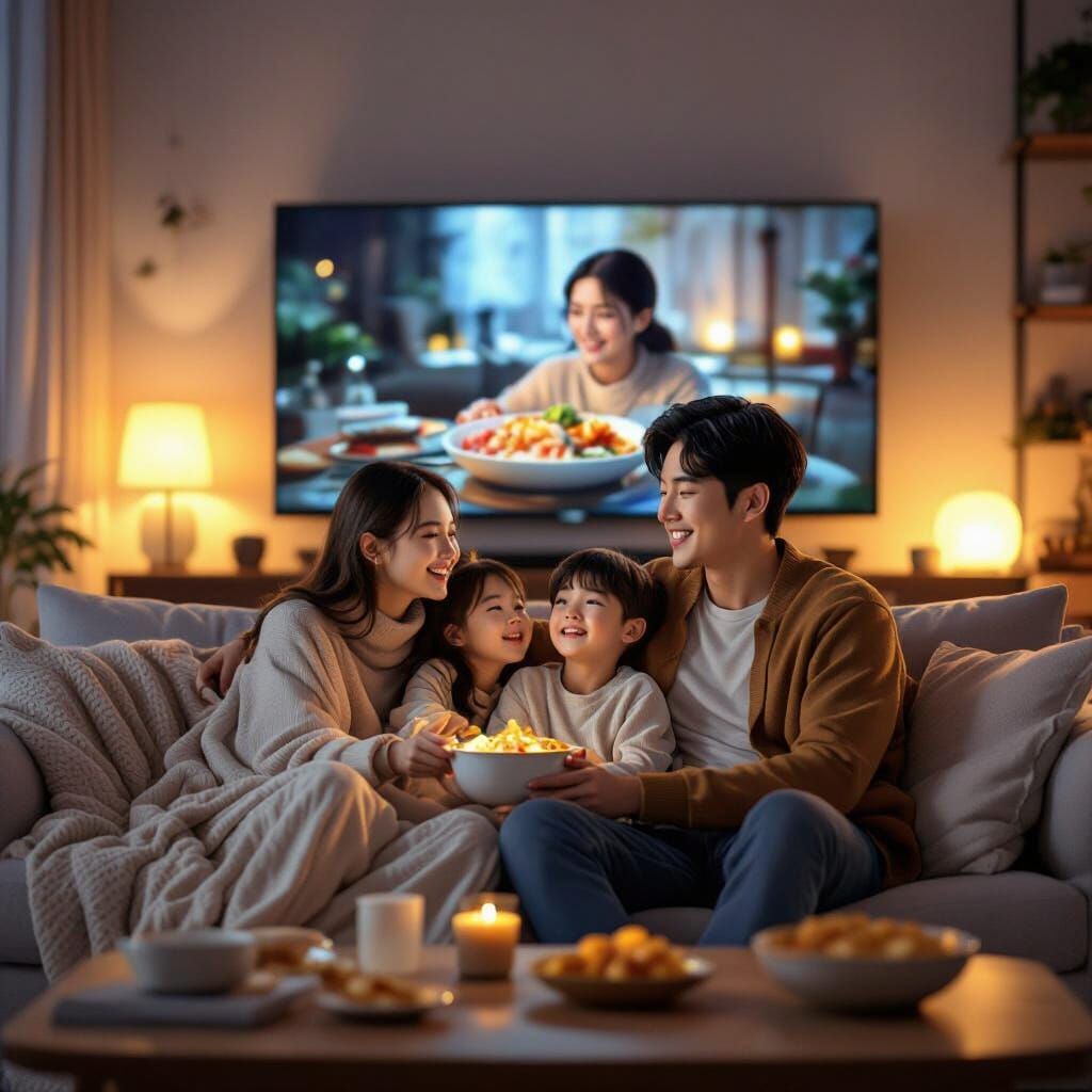 Family Enjoys Korean Food Drama on Cozy Couch