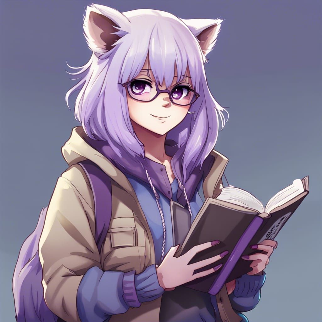 Anime Raccoon Girl Reading Book