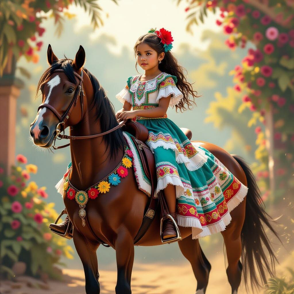 Girl Escaramuza on Horse in Hyperrealistic Splash Art Style