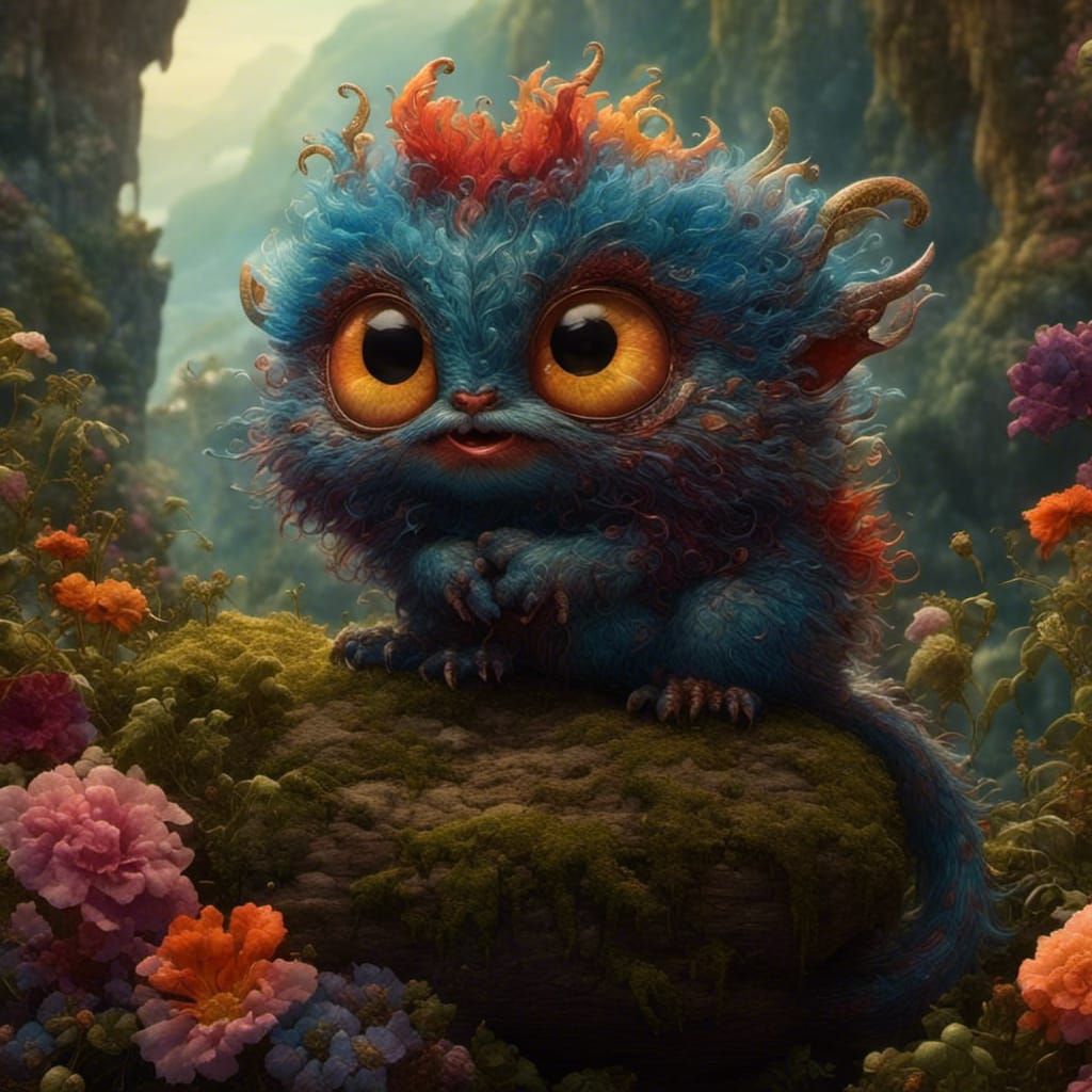 Cute Fuzzy One-Eyed Baby Monster in Detailed Painting