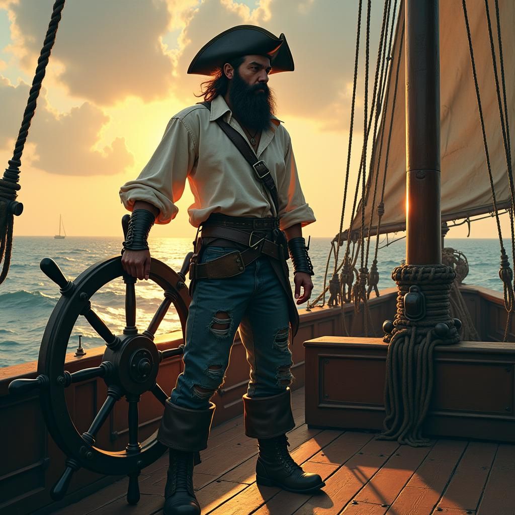 Pirate Crewmate at Ship's Wheel in Golden Light