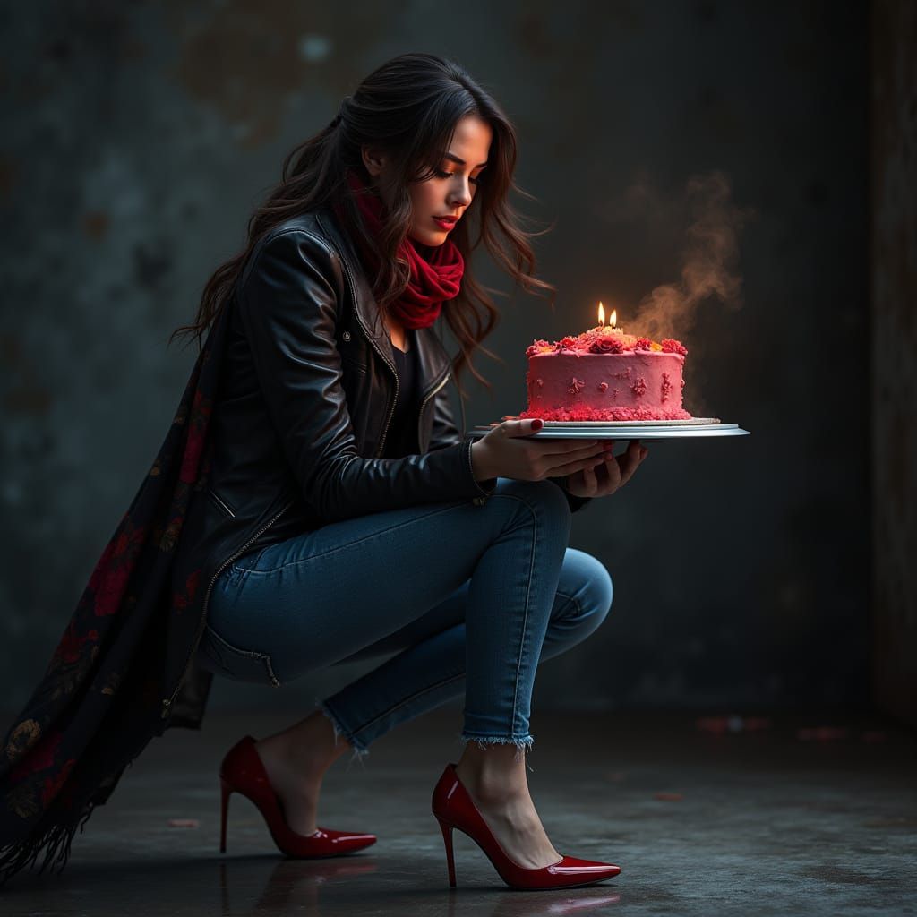 Vampire Woman Baking Glowing Cake in Leather Jacket