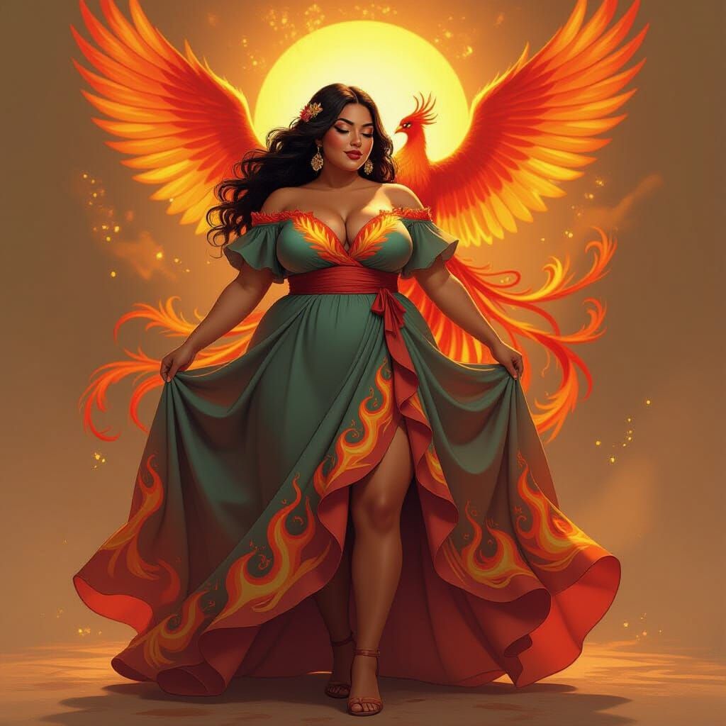 Dominican Woman in Fire Dress with Phoenix, Loish Style