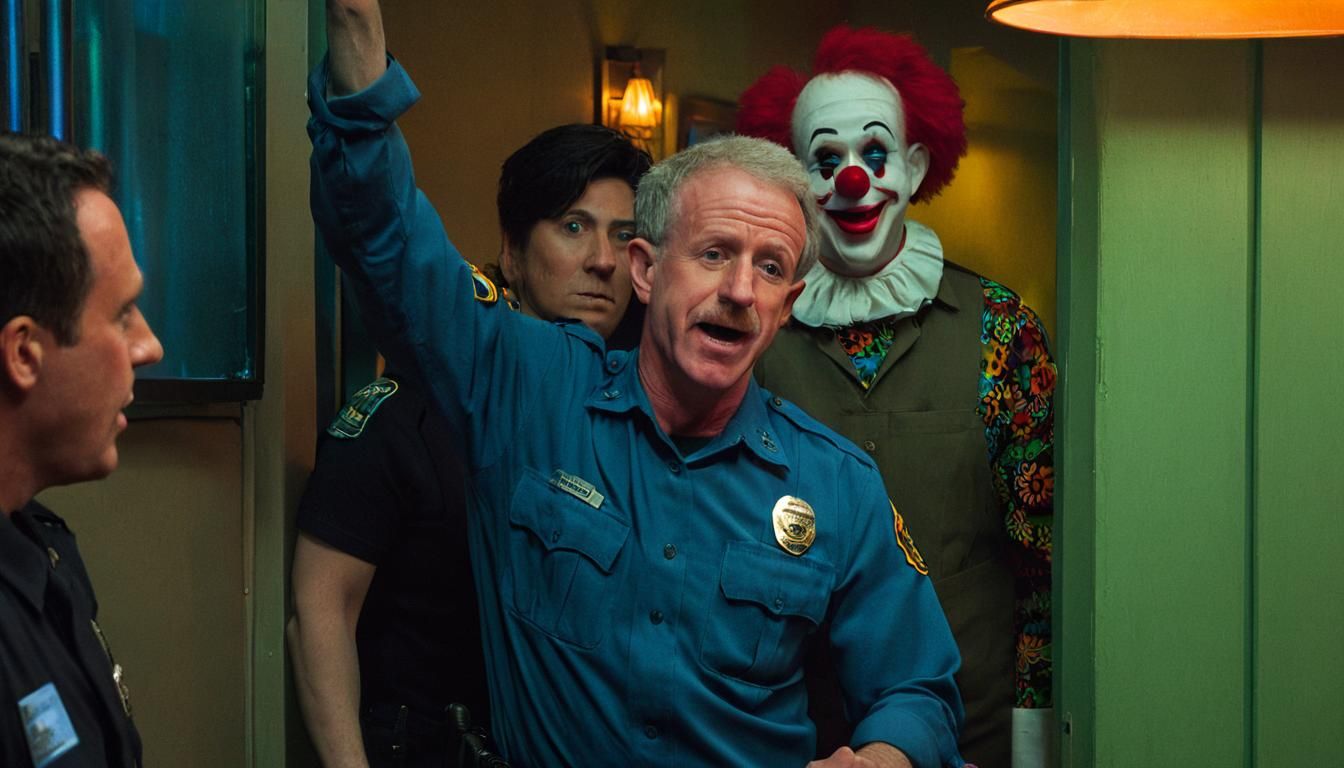 Policeman and Clown in Restaurant, Cinematic Still