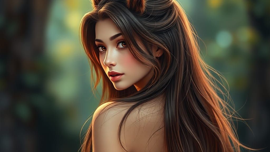 Squirrel-like Woman Posing in Digital Oil Painting