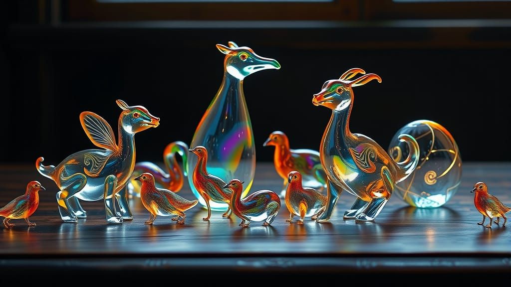 Iridescent Blown Glass Menagerie on Oak Table