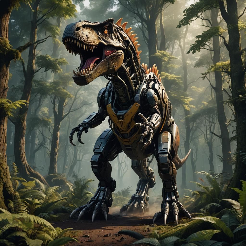 Robotic T-Rex in Forest: Detailed Matte Painting