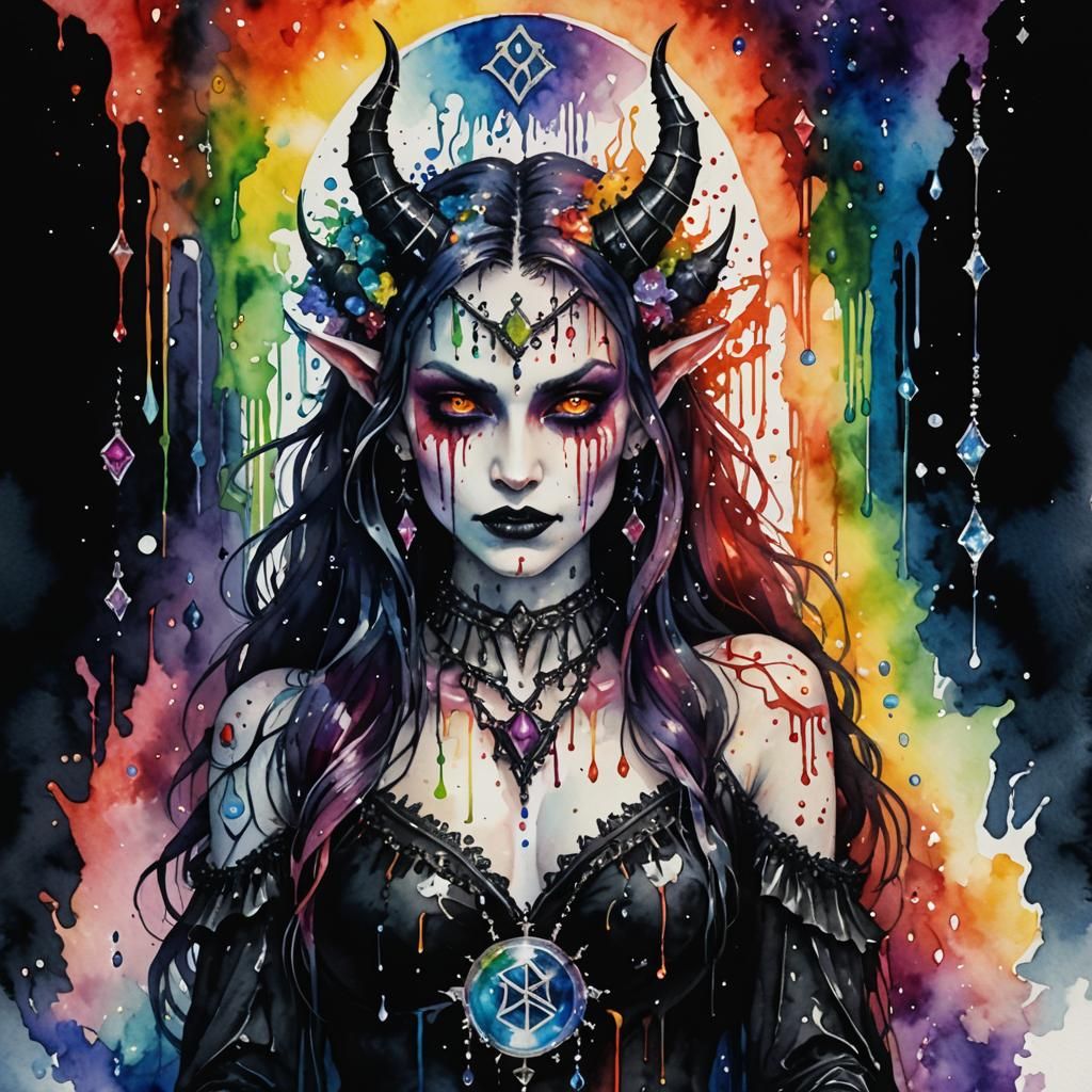 Gothic Demoness Dripping Rainbow Liquid Watercolor