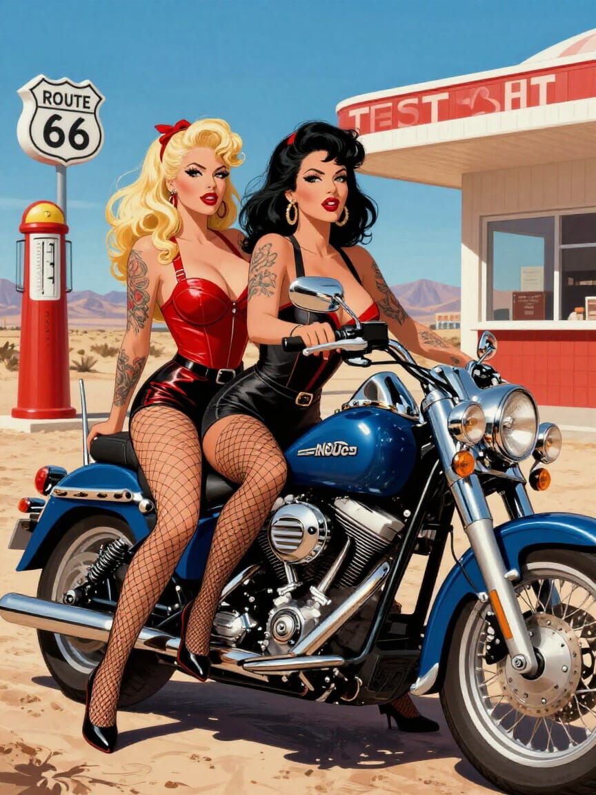 Pinup Women Pose on Harley Davidson on Route 66