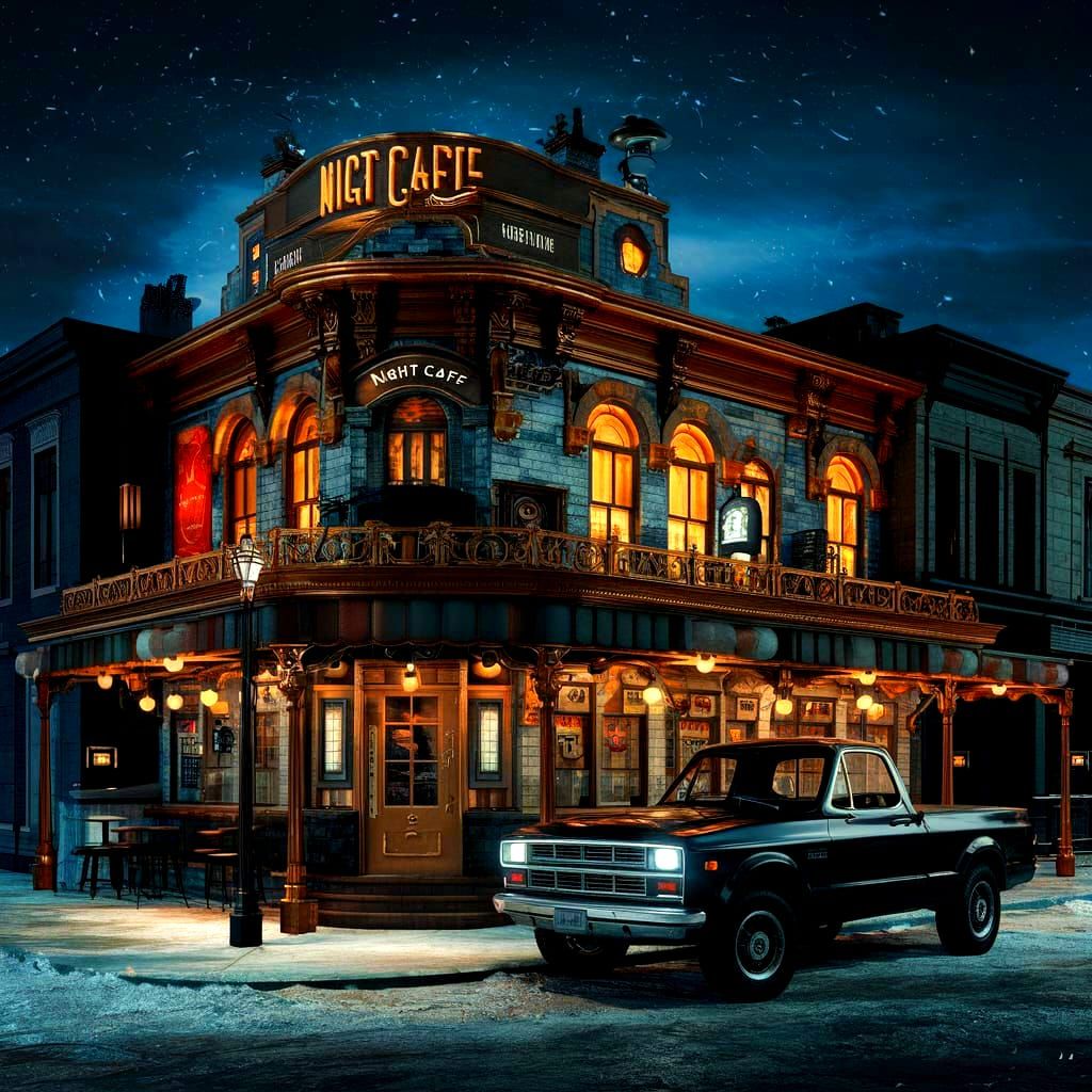 Steampunk Night Cafe in Victorian City