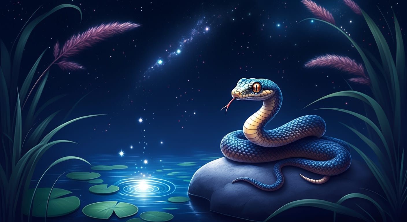 Whimsical Snake Basks Under Starry Night Sky