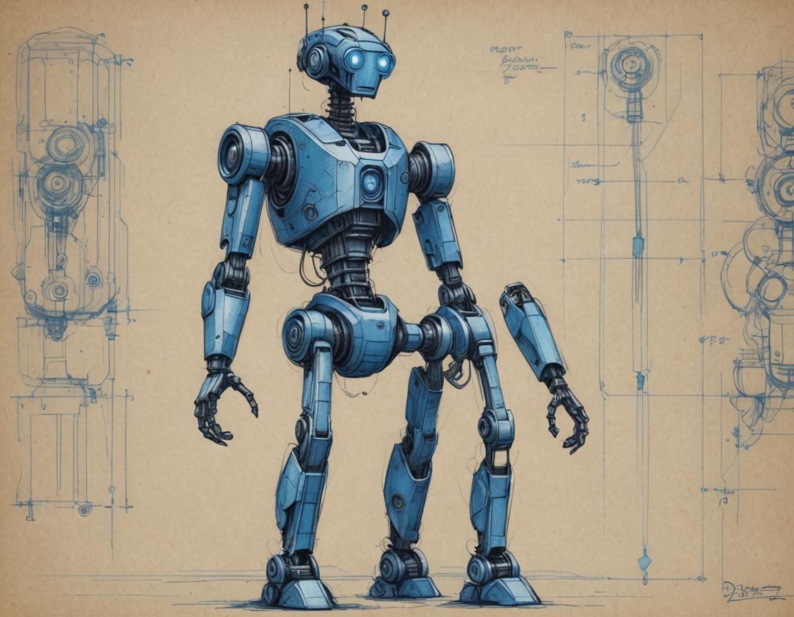 Disney-Style Robot Conceptual Drawing in Blue Pencil