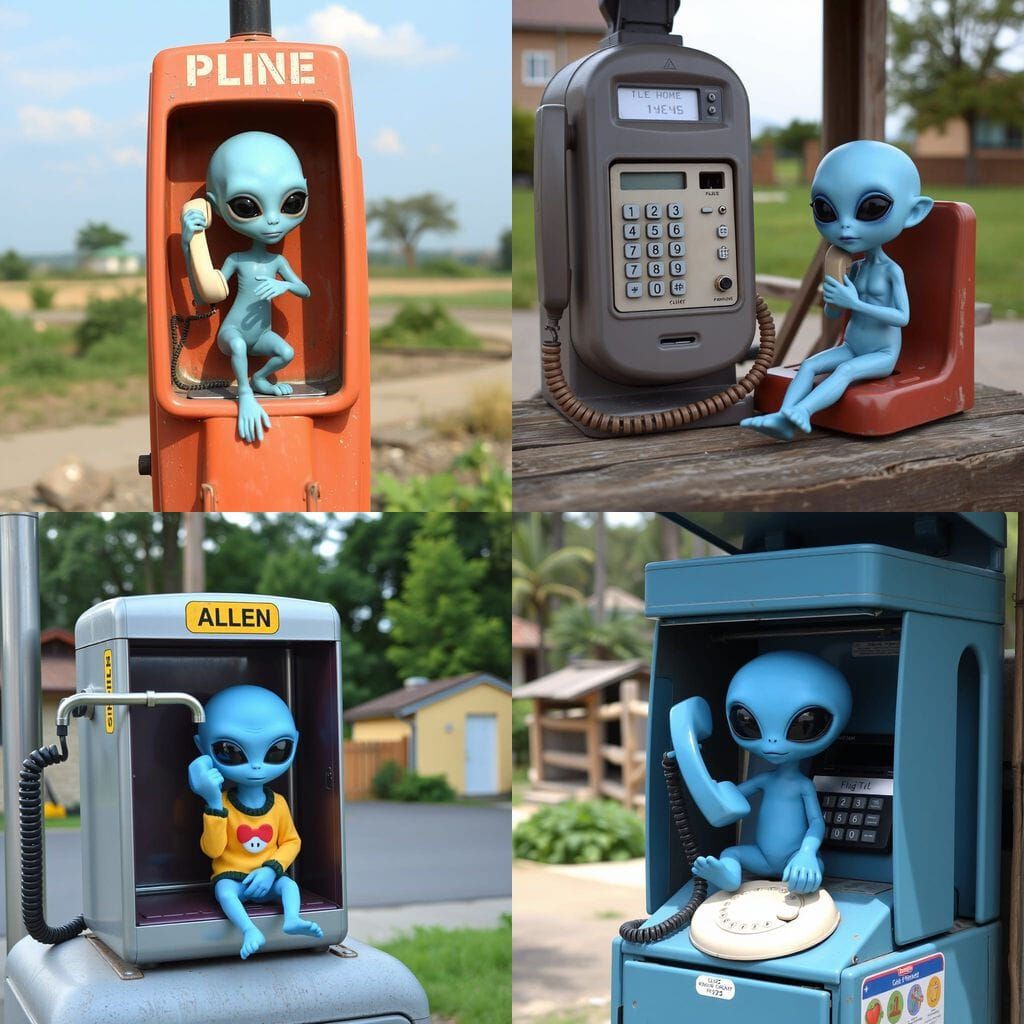 Cute Blue Alien Calling Home From Payphone