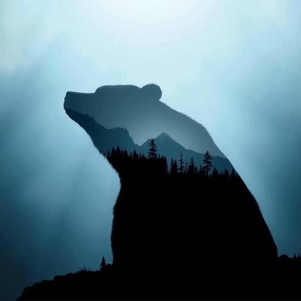 Bear Silhouette Reflecting Mountain Forest Landscape