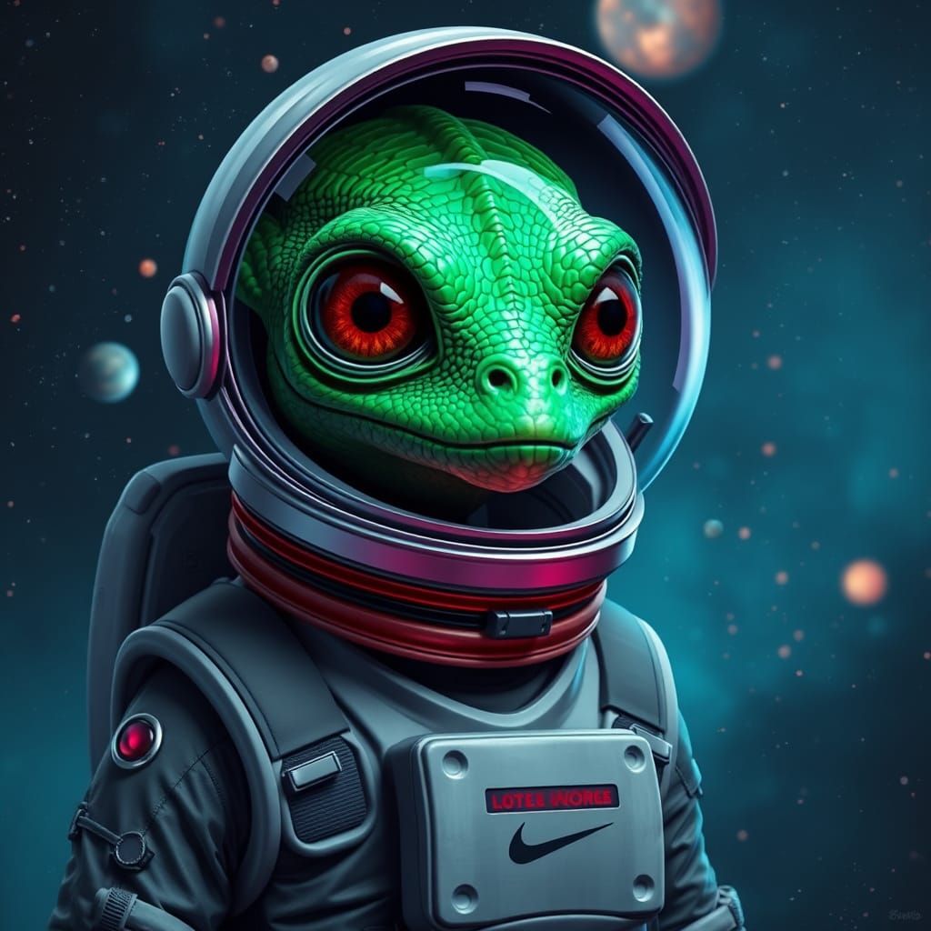 Green Alien in Spacesuit Among Comets and Stars