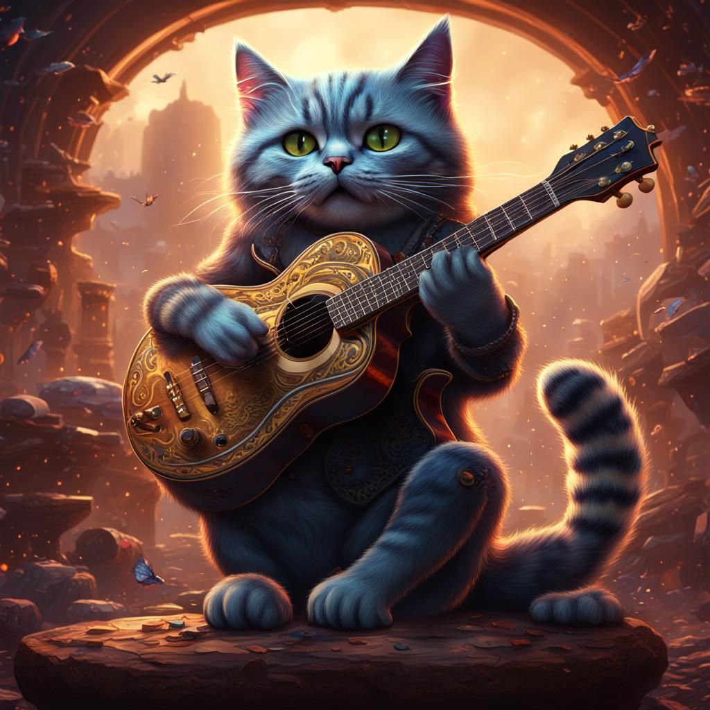 Cat Playing Guitar Fantasy Concept Art