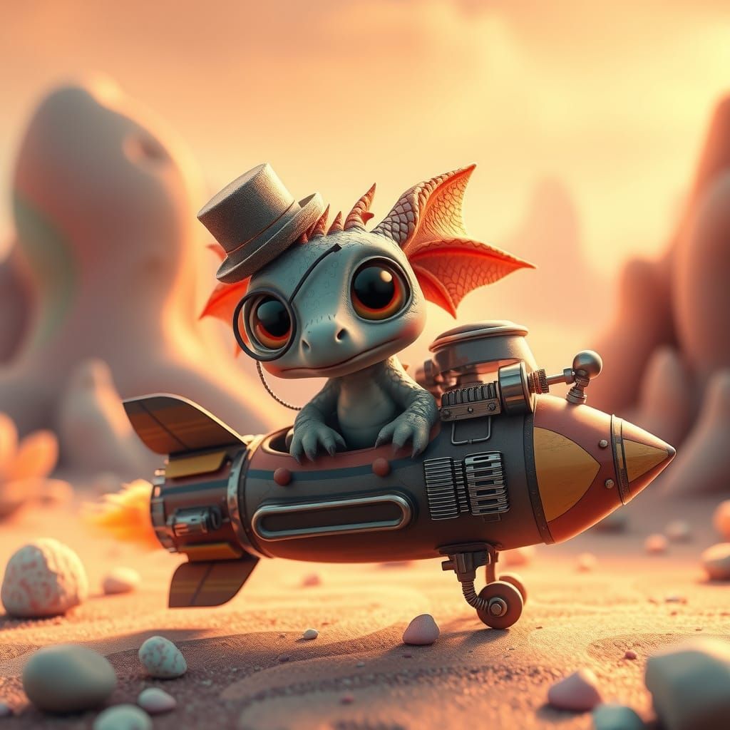 Whimsical Dragon Cub in Rocket Ship Adventure