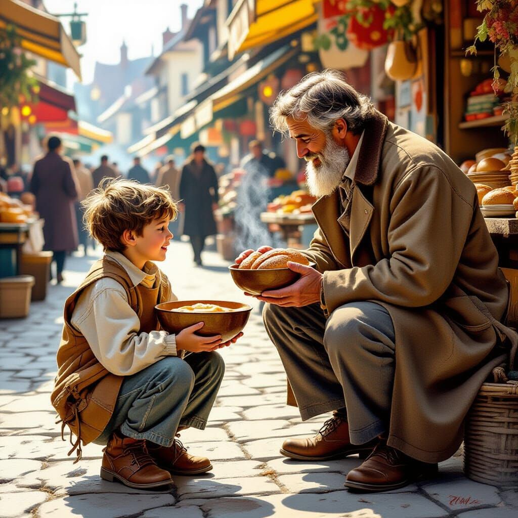 Generous Man Helps Poor Boy in Market Scene
