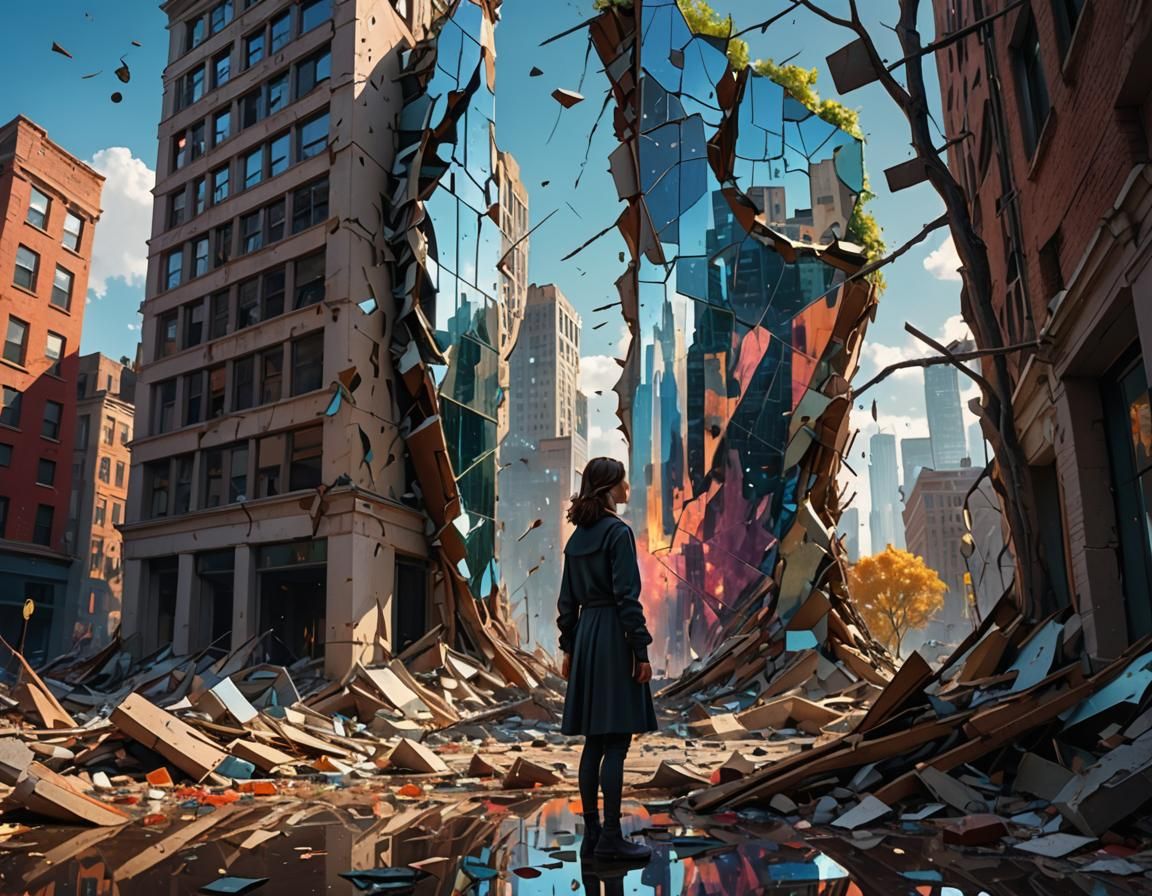 Woman and Shattered Mirror Reflecting Inverted World