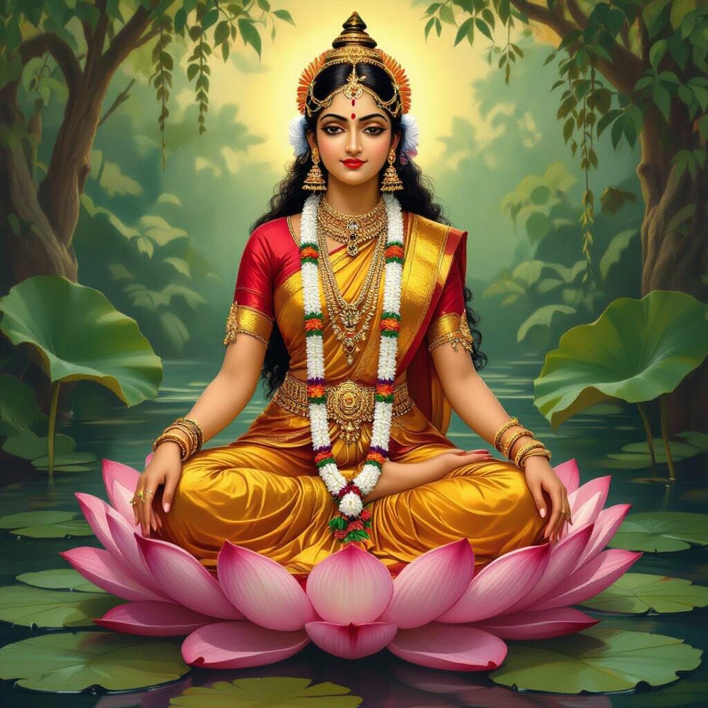 Mahalakshmi on Lotus in Classical Indian Style