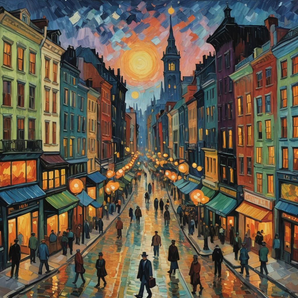 Vibrant Cityscape at Twilight in Impasto Style