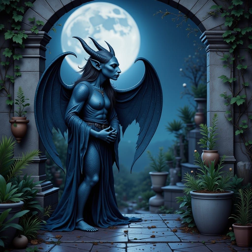 Indigo Gargoyle on Lush Patio Under Moonlight