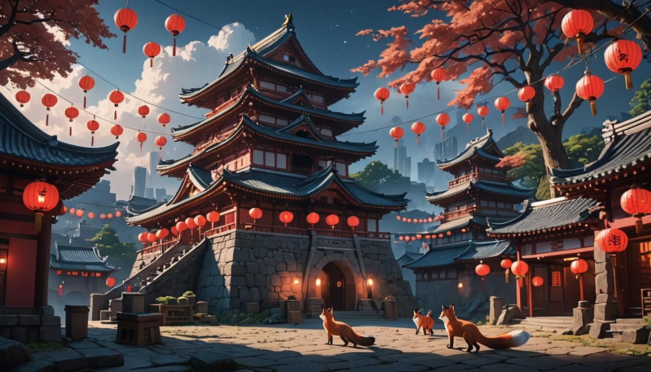 Japanese Castle with Two-Tailed Foxes in Shinkai Style