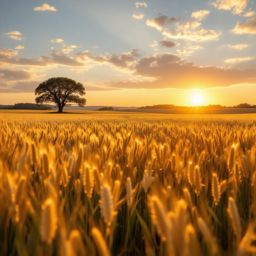 Golden Wheat Field at Sunset with Solitary Tree