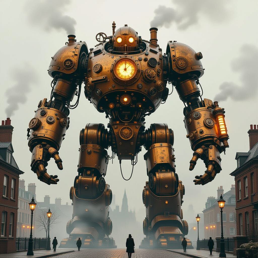 Steampunk Golem Guards Smoggy Victorian City