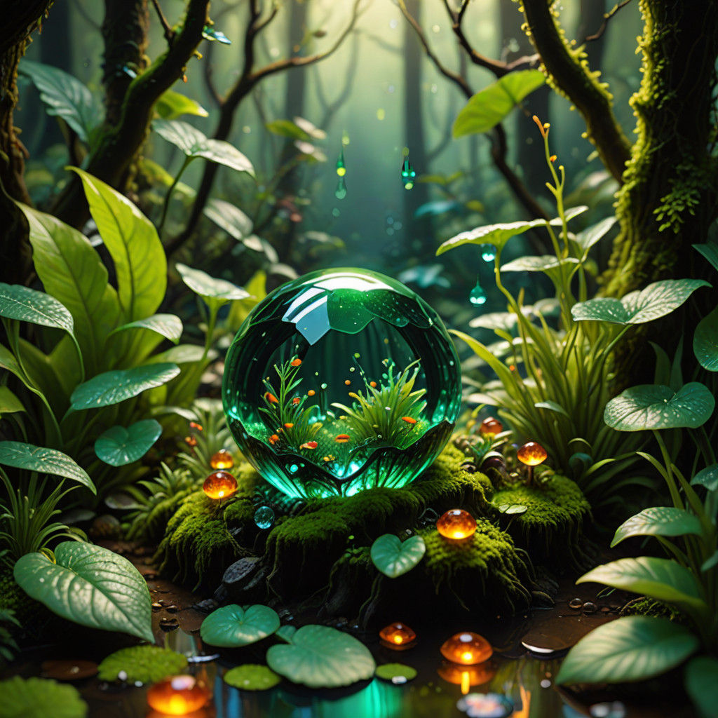 Whimsical Amber and Emerald Miniature Ecosystem in Vibrant C...