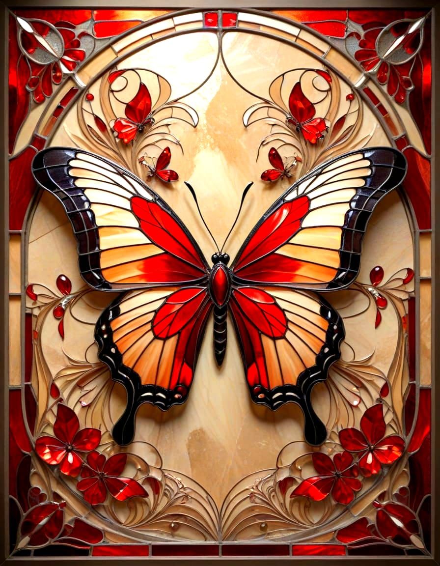 Ruby Inlaid Butterfly with Art Nouveau Wings