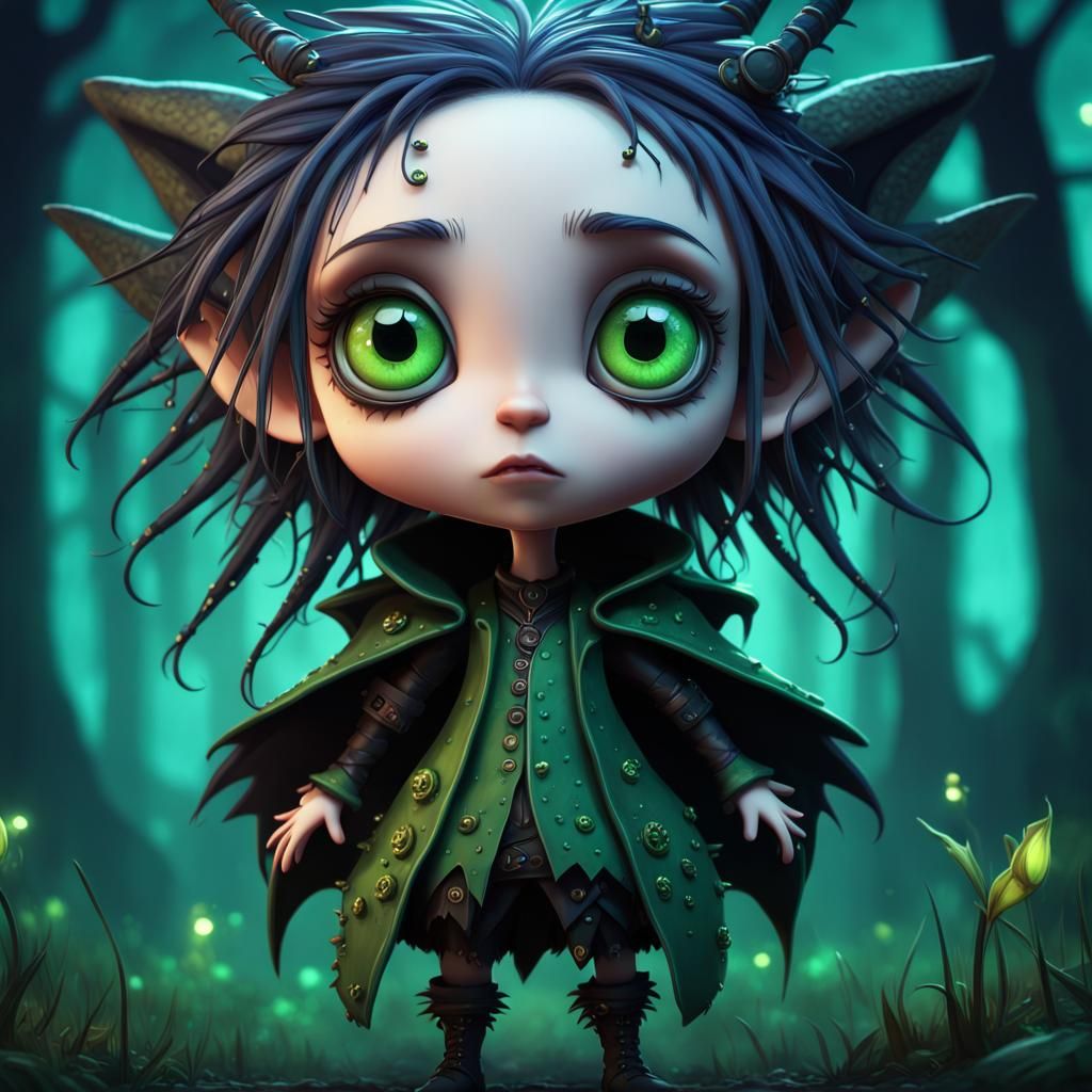 Gothic Chibi Character in Vibrant Complementary Colors