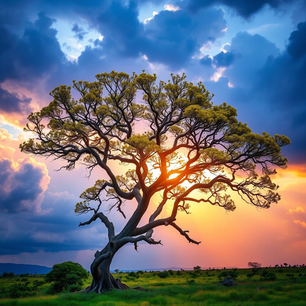 Surreal Southern Hemisphere Landscape with Acacia Tree in Bl...