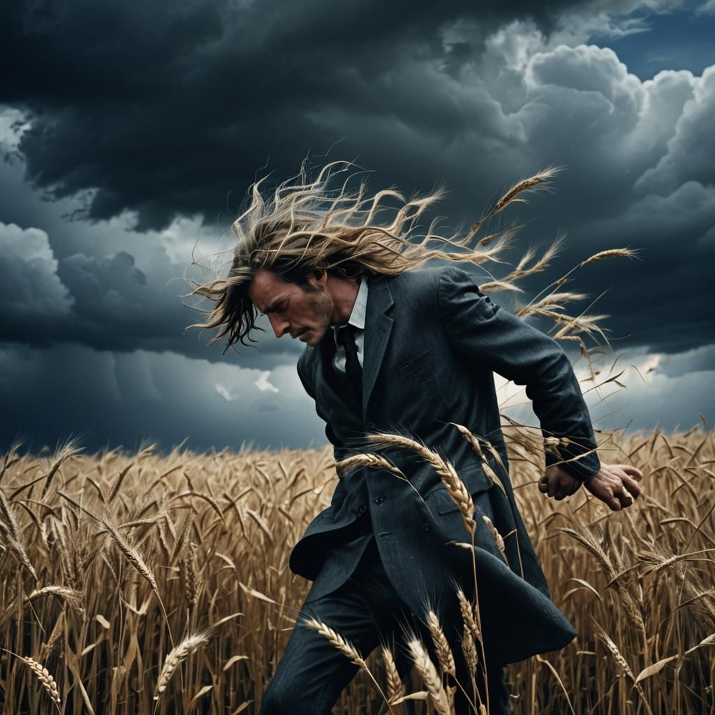 Surreal Man in Windy Field with Stormy Sky