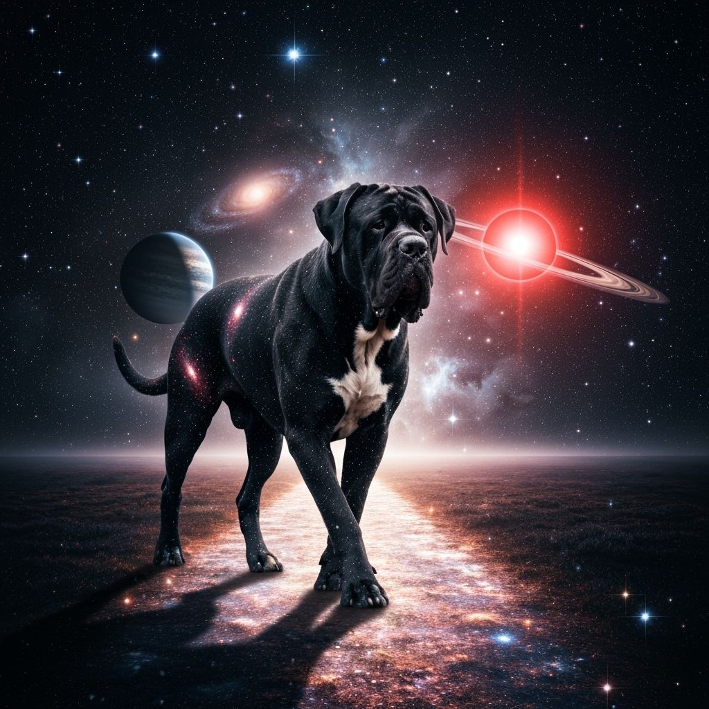 Cosmic Mastiff Walking Nebula Path Past Ringed Planet