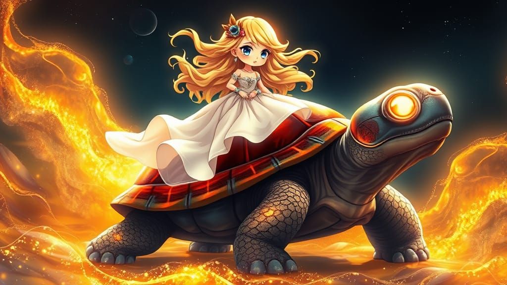 Celestial Woman Rides Cosmic Tortoise in Anime Style