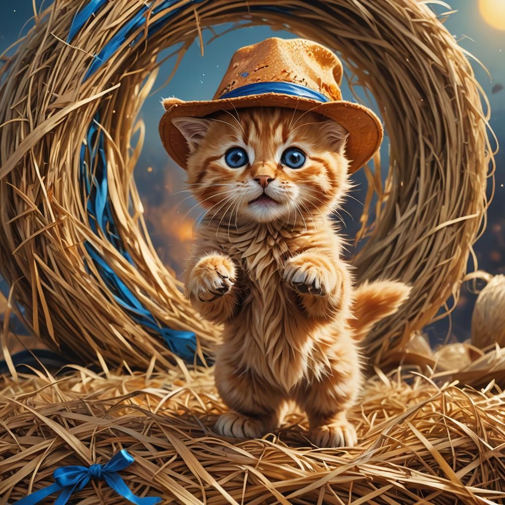 Golden Kitten in Hat: Whimsical Fantasy Art