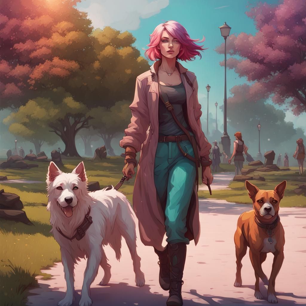 Women Walking Dogs in Park, Hyperdetailed Concept Art