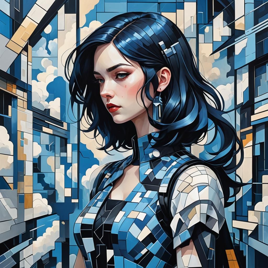 Cyberpunk Woman with Gothic Hair in Cubist Art