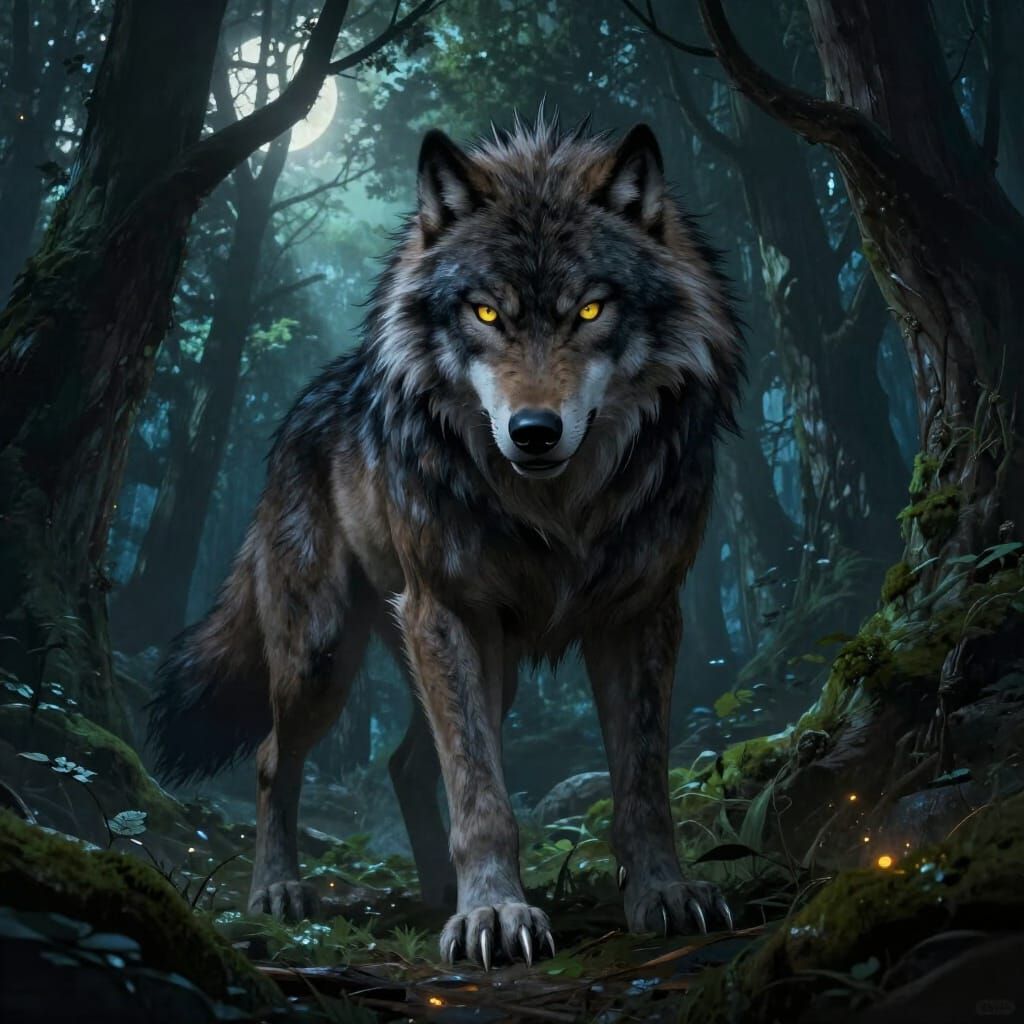 Fierce Big Bad Wolf Portrait in Dark Fantasy Forest