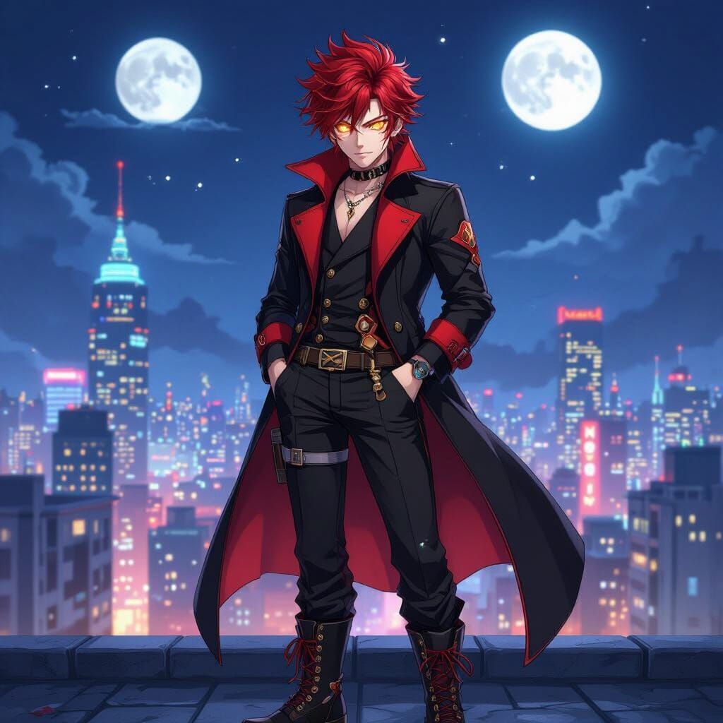 Anime-Style Young Man on Urban Rooftop at Night
