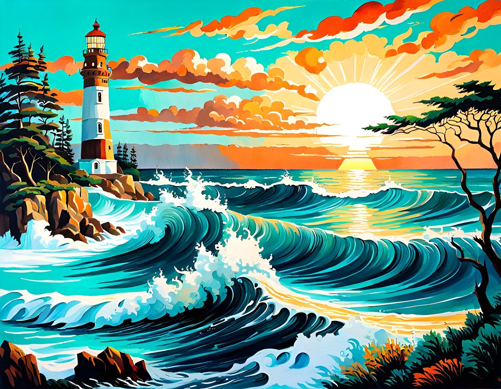 Seascape: Crashing Waves and Lighthouse in Gouache