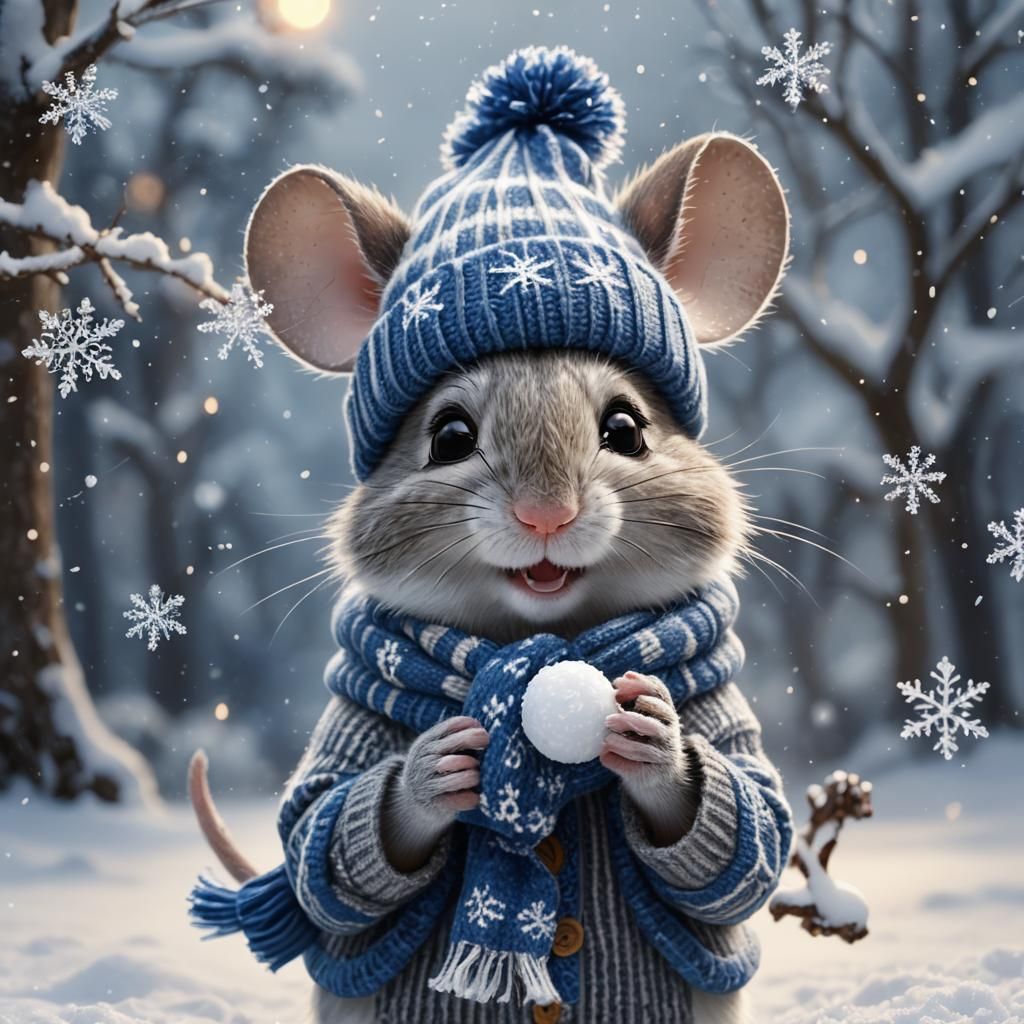 Whimsical Mouse Throws Snowball: 3D Digital Art