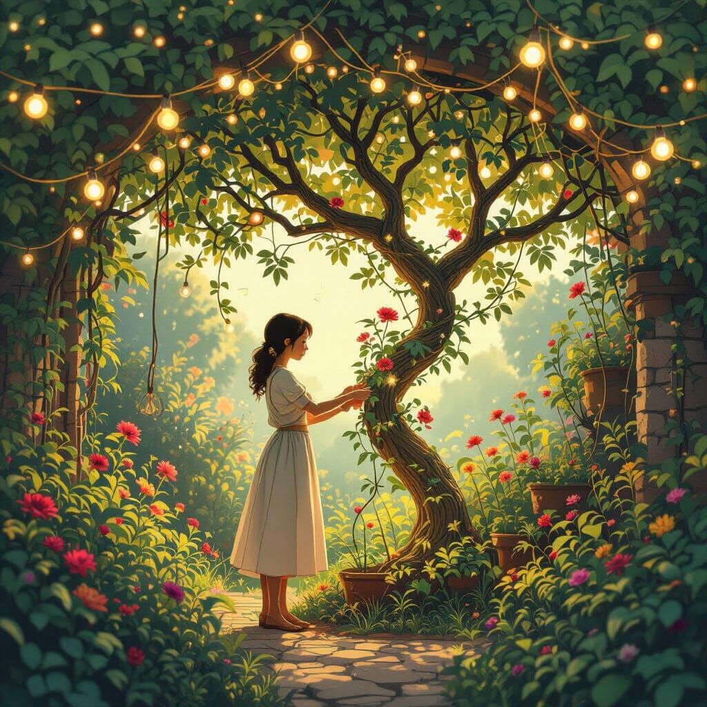 Resilient Garden Amidst Crisis, Whimsical Surreal Style