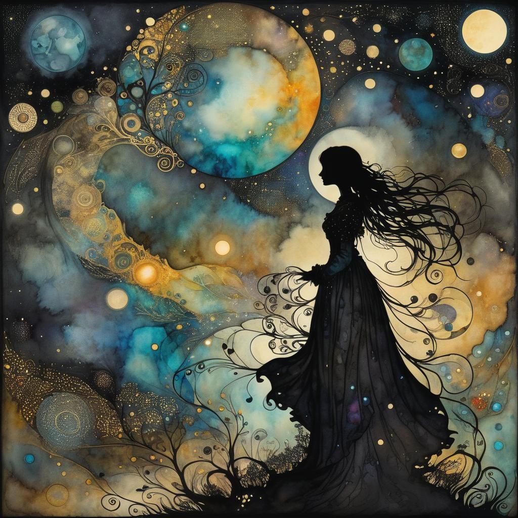 Silhouette Across the Universe in Art Nouveau Style