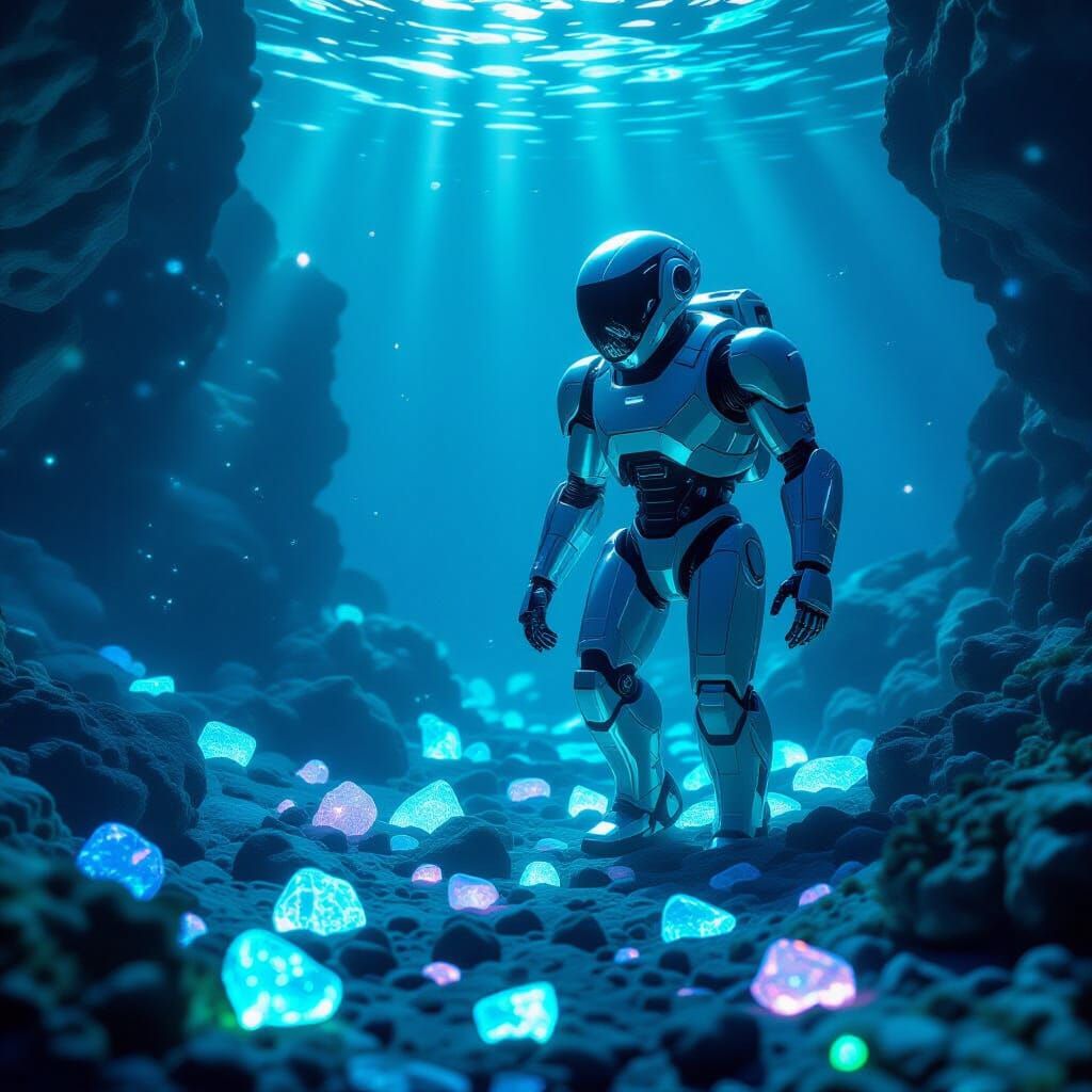Chrome Robot Explores Bioluminescent Alien Ocean