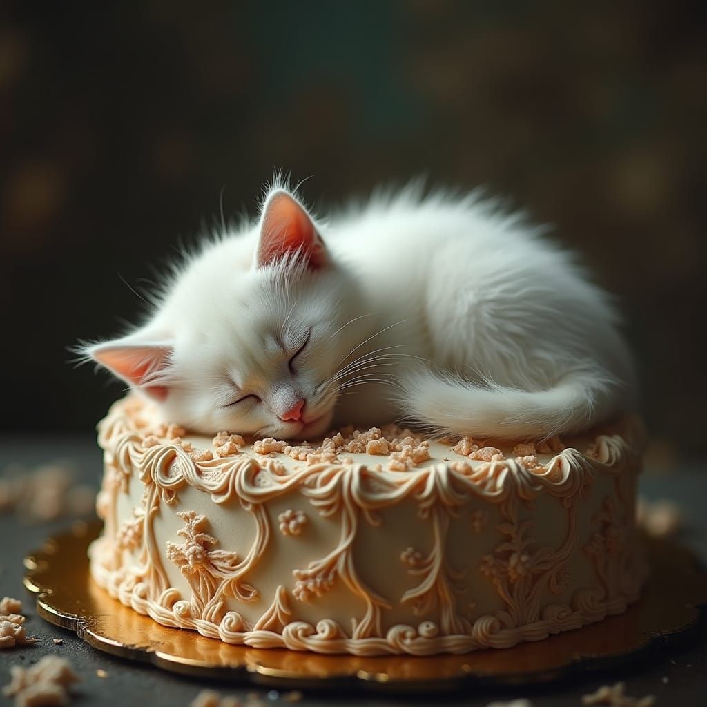 White Kitten Basks in Luxury on Ornate Cake