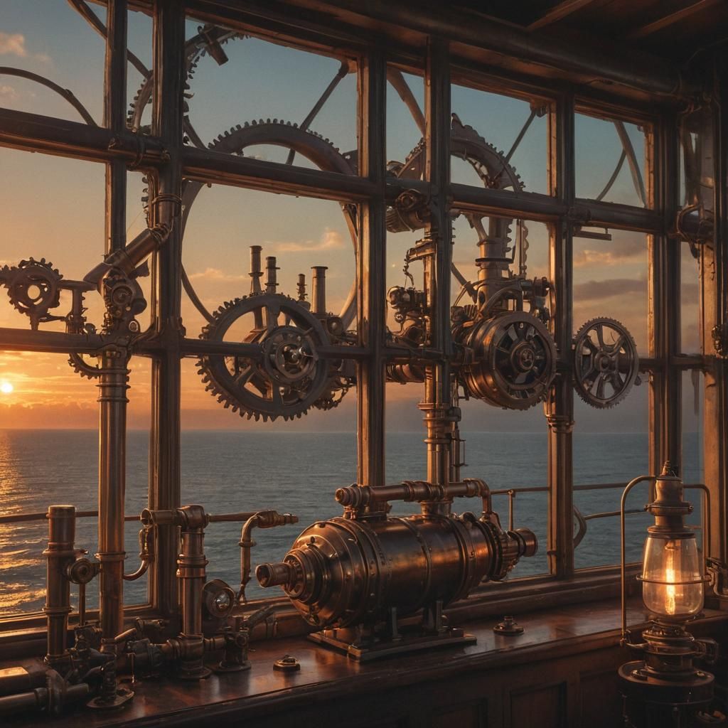 Steampunk Engine Sea View in Victorian Style