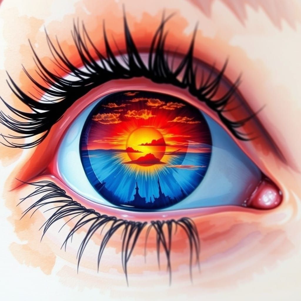 Softly Gazing Blue Eye Reflects Vibrant Sunset