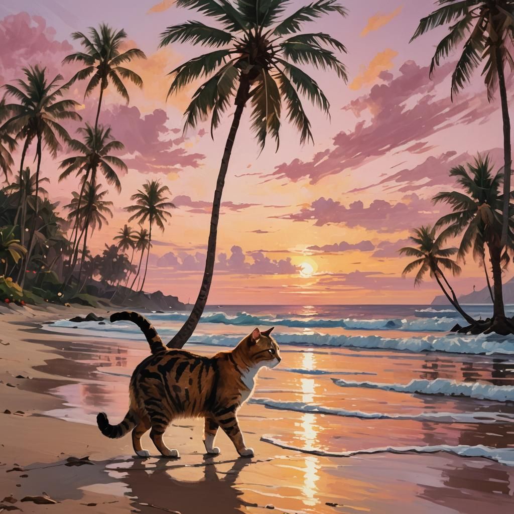 Seaside Impressionism: Cat at Sunset